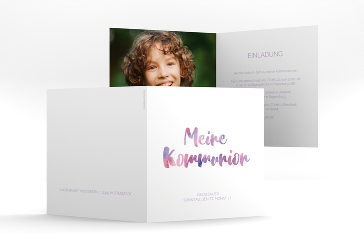 Kommunionseinladung Flora quadr. Klappkarte flieder