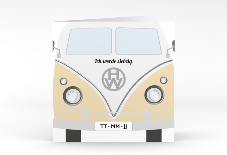 Einladung 70. Geburtstag Bulli Bus quadr. Klappkarte beige