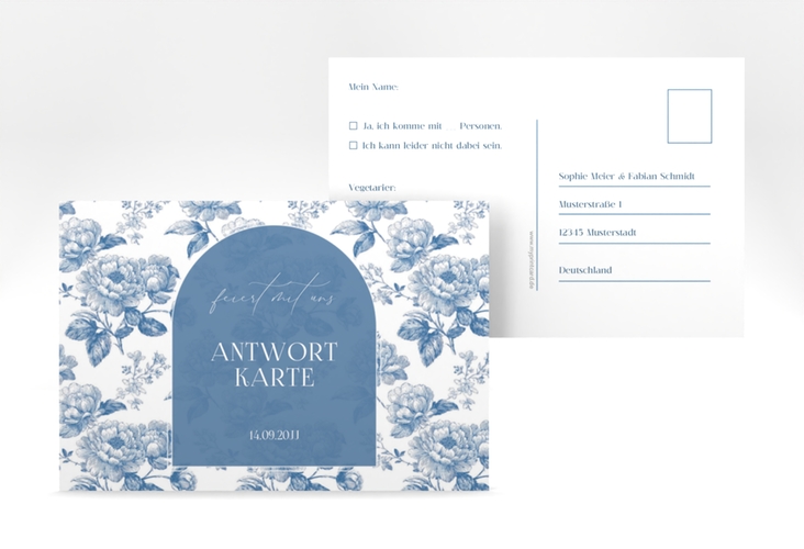 Antwortkarte Hochzeit Blue Floral A6 Postkarte blau mit blauem Blumenmuster auf weißem Grund