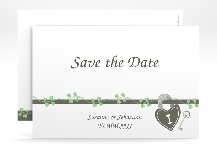 Save the Date-Karte Hochzeit Oviedo A6 Karte quer gruen hochglanz mit Schloss und Schlüssel