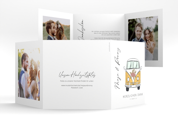 Dankeskarte Hochzeit Hochzeitsbulli quadr. Doppel-Klappkarte gelb