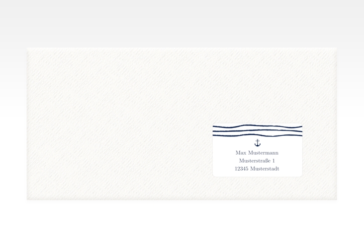 Empfängeretikett Hochzeit Liebesanker 63,5 x 38,1 mm blau mit maritimem Streifenmuster und kleinem Anker