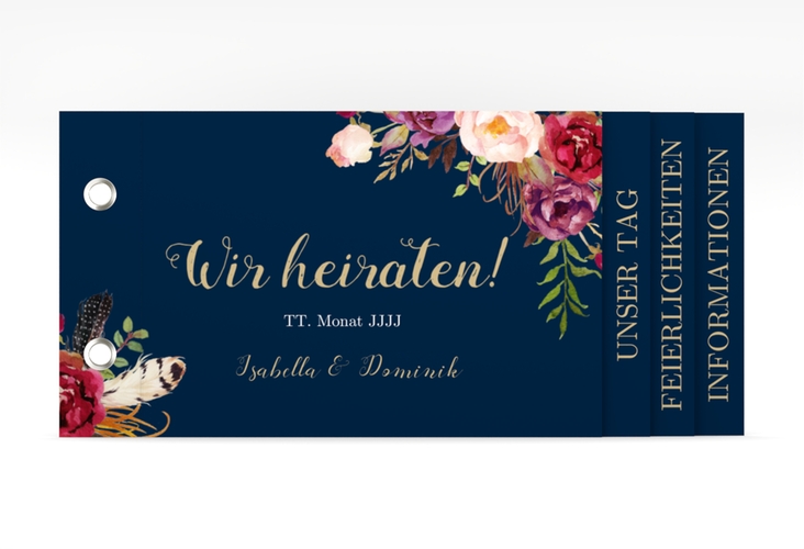 Hochzeitseinladung Flowers Booklet blau mit bunten Aquarell-Blumen
