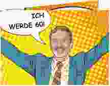 Einladung 60. Geburtstag Popart Man A6 Klappkarte quer gelb