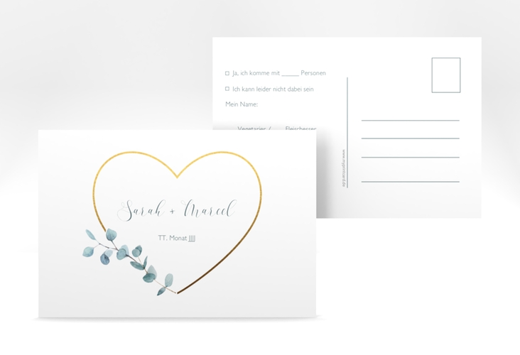 Antwortkarte Hochzeit "Greenheart" DIN A6 Postkarte mit elegantem Herz und Eukalyptus-Zweig