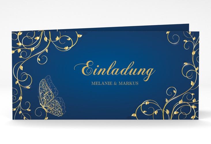 Hochzeitseinladung Eternity lange Klappkarte quer blau hochglanz