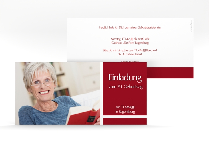 Einladung 70. Geburtstag Gerd/Gerda lange Karte quer rot hochglanz mit Foto
