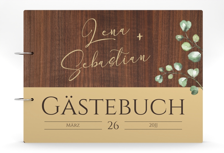 Gästebuch Holzcover Nussbaum Landhaus Holz-Cover, bedruckt braun in Holz-Optik mit Eukalyptus