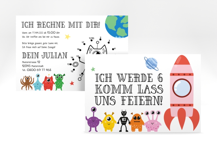 Einladungskarte Kindergeburtstag Zahlien A6 Karte quer hochglanz mit außerirdischen Monstern und Rakete
