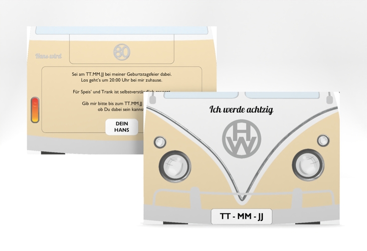 Einladung 80. Geburtstag Bulli Bus A6 Karte quer beige hochglanz