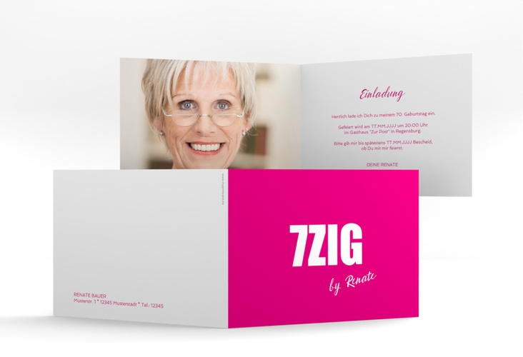 Einladung 70. Geburtstag Zig A6 Klappkarte quer pink