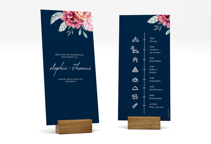 Tagesablauf Hochzeit Blooming lange Karte hoch blau