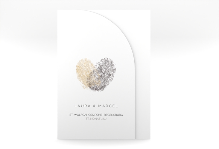 Hochzeitseinladung Fingerprint mittlere Bogen-Wickelfalzkarte beige schlicht mit Fingerabdruck-Motiv