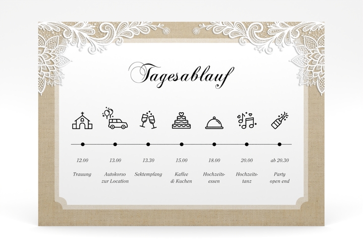 Tagesablauf Poster Hochzeit Lace 70 x 50 cm Poster beige in Leinen-Optik mit weißer Spitze