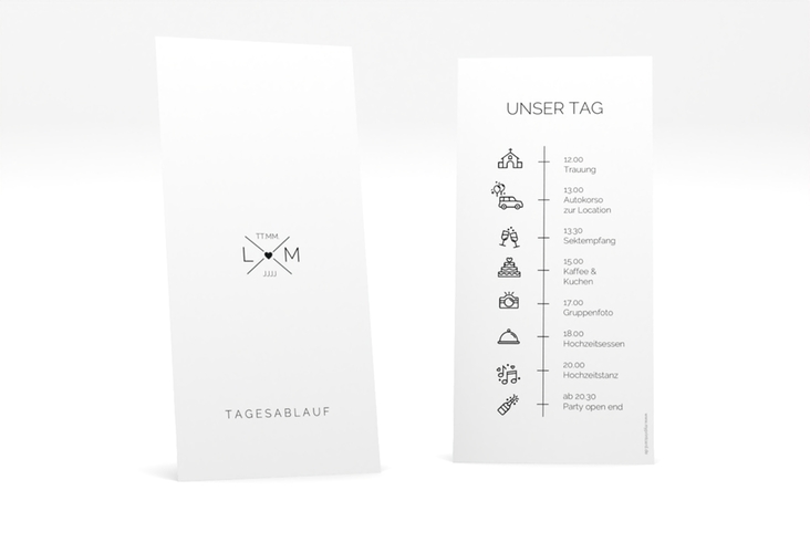 Tagesablauf Hochzeit Initials lange Karte hoch mit Initialen im minimalistischen Design