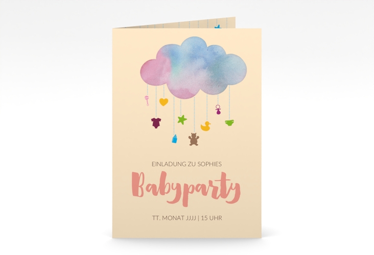 Partyeinladung Babyparty A6 Klappkarte hoch rosa hochglanz mit Wolken-Mobile