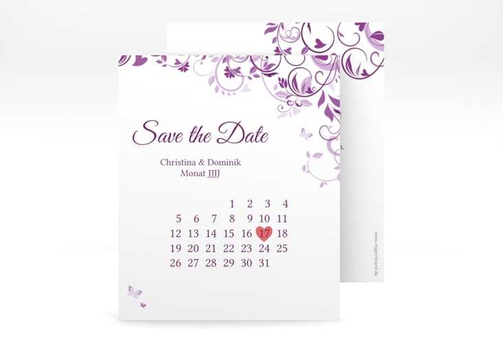 Save the Date-Kalenderblatt Lilly Kalenderblatt-Karte lila hochglanz
