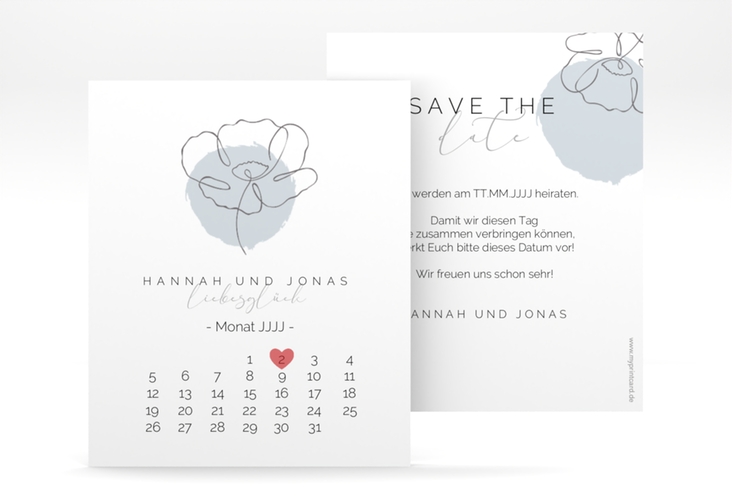 Save the Date-Kalenderblatt Flowerline Kalenderblatt-Karte blau