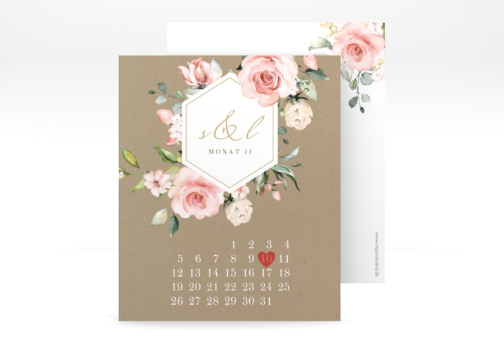 Save the Date-Kalenderblatt Graceful Kalenderblatt-Karte mit Rosenblüten in Rosa und Weiß