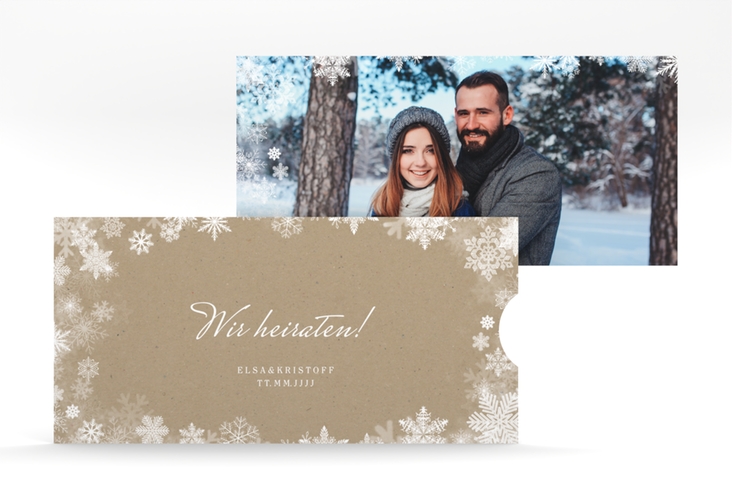 Hochzeitseinladung Snowfall Einsteckkarte Kraftpapier hochglanz mit Schneeflocken für Winterhochzeit
