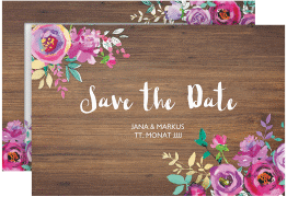 Klick: Details zu Save the Date-Karte "Flourish" anzeigen Save the Date-Karte Flourish A6 Karte quer braun mit floraler Bauernmalerei auf Holz