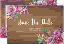 Save the Date-Karte Flourish A6 Karte quer braun mit floraler Bauernmalerei auf Holz