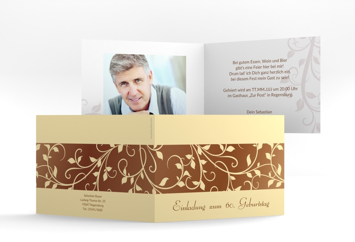 Einladung 60. Geburtstag Hermann/Hermine A6 Klappkarte quer braun