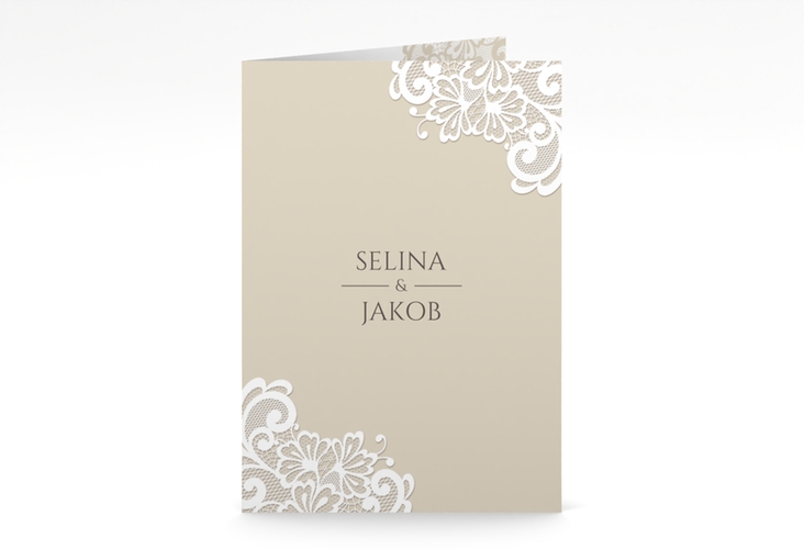 Menükarte Hochzeit Vintage A5 Klappkarte hoch beige mit floraler Spitze