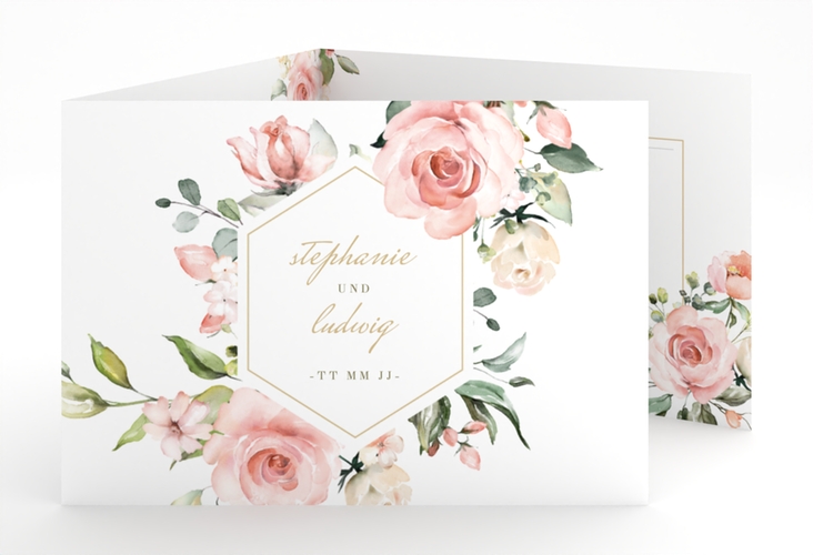 Hochzeitseinladung Graceful A6 Doppel-Klappkarte weiss hochglanz mit Rosenblüten in Rosa und Weiß