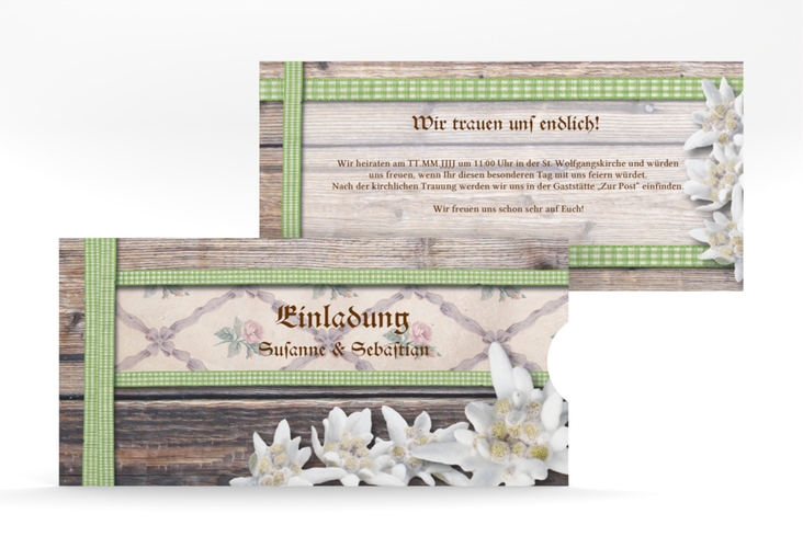 Einladungskarte Hochzeit Bayern Einsteckkarte gruen hochglanz mit Edelweiß in rustikaler Holz-Optik