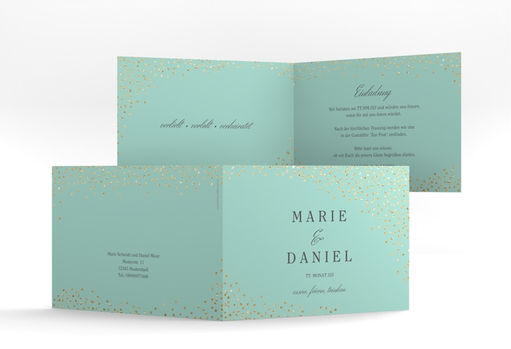 Hochzeitseinladung Glitter A6 Klappkarte quer mint hochglanz