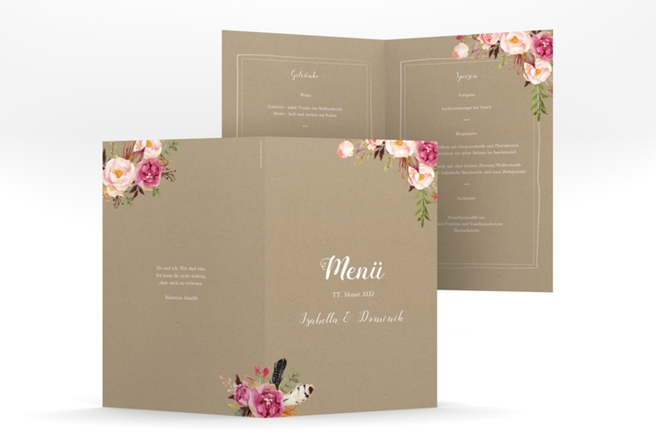 Menükarte Hochzeit Flowers A5 Klappkarte hoch Kraftpapier mit bunten Aquarell-Blumen