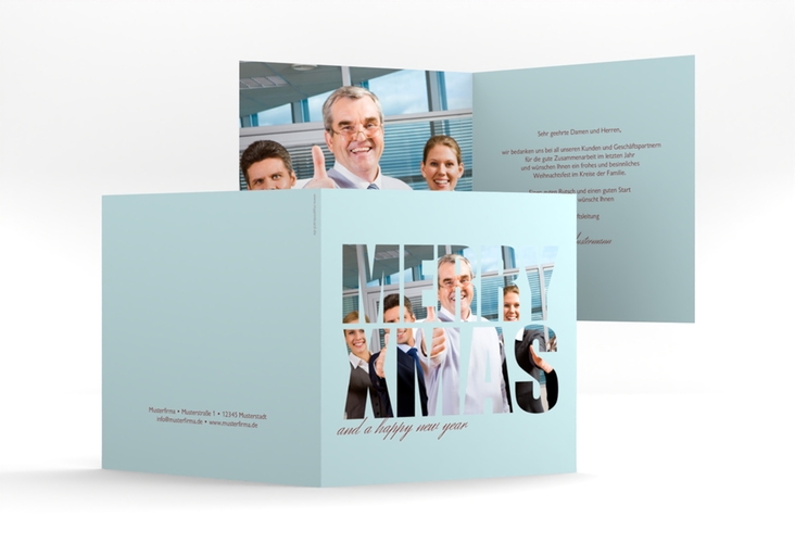 Business-Weihnachtskarte Xmas quadr. Klappkarte tuerkis hochglanz modern mit Foto