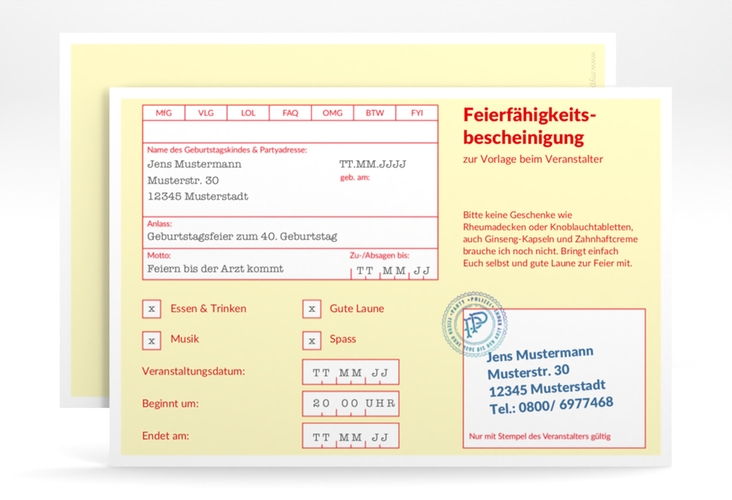 Einladung 40. Geburtstag Krankenschein A6 Karte quer