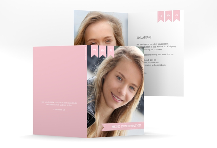 Einladung Konfirmation Mirth A6 Klappkarte hoch rosa hochglanz mit eigenem Foto