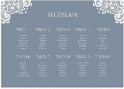 Klick: Details zu Sitzplan Leinwand Hochzeit "Vintage" anzeigen Sitzplan Leinwand Hochzeit Vintage 70 x 50 cm Leinwand blau mit floraler Spitze