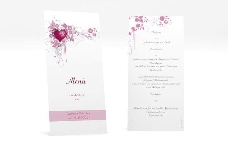 Menükarte Hochzeit Triest lange Karte hoch pink hochglanz