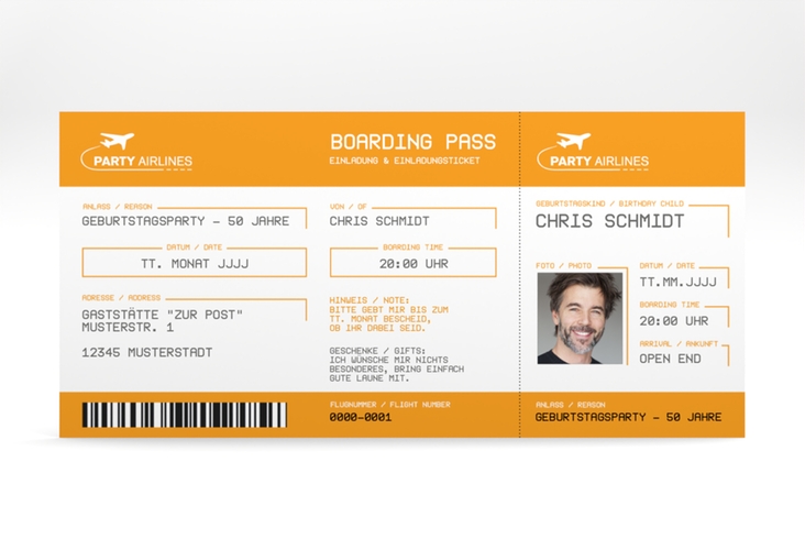 Einladung 50. Geburtstag Boardingpass lange Karte quer orange hochglanz