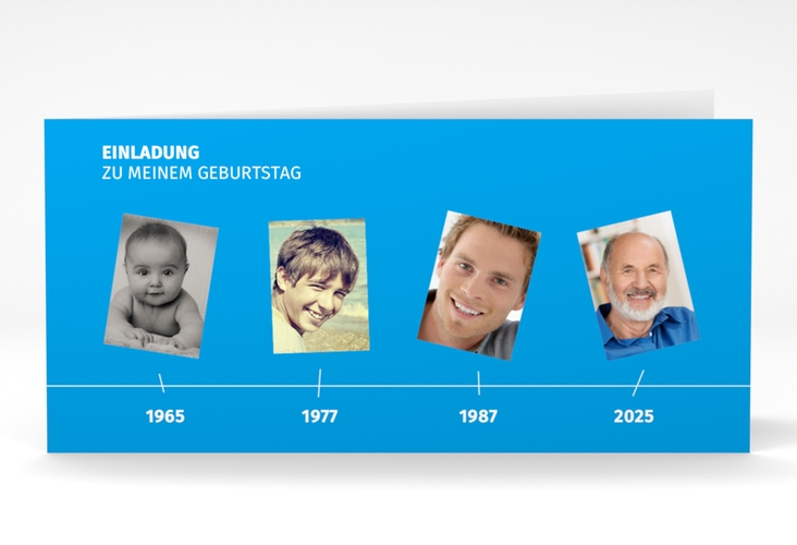 Einladung 60. Geburtstag Timeline lange Klappkarte quer blau