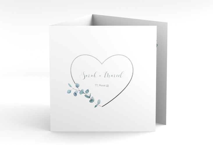 Danksagungskarte Hochzeit Greenheart quadr. Doppel-Klappkarte grau mit elegantem Herz und Eukalyptus-Zweig