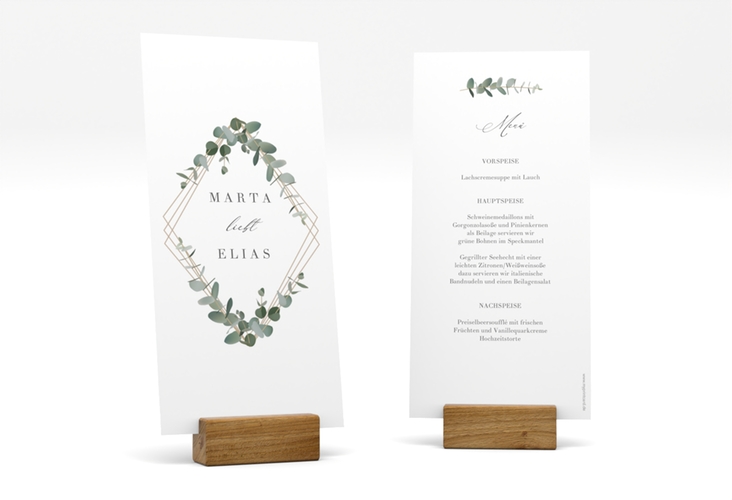 Menükarte Hochzeit Eukalyptus lange Karte hoch weiss hochglanz