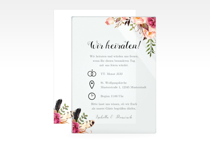 Acryl-Hochzeitseinladung Flowers Acrylkarte + Deckblatt hoch weiss mit bunten Aquarell-Blumen