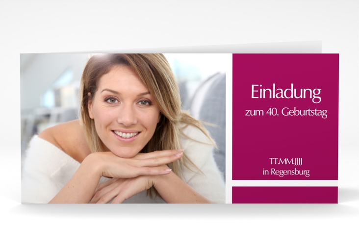 Einladung 40. Geburtstag Gerd/Gerda lange Klappkarte quer pink hochglanz mit Foto