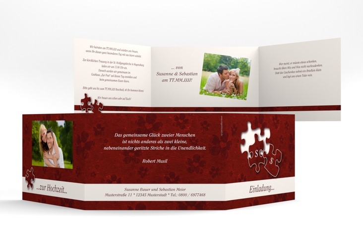 Hochzeitseinladung Ravensburg A6 Doppel-Klappkarte rot mit zwei Puzzleteilen