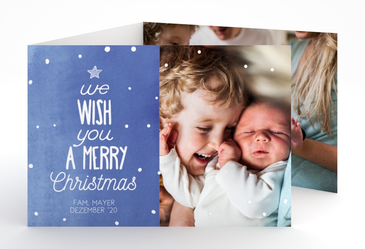 Weihnachtskarte Schneeglitzern A6 Doppel-Klappkarte blau hochglanz
