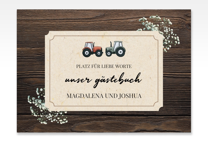 Gästebuch A4 quer Bauernhochzeit A4 quer, Hardcover braun in rustikaler Holz-Optik mit Schleierkraut und zwei kleinen Traktoren
