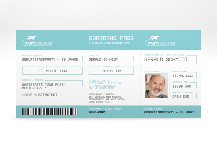 Einladung 70. Geburtstag Boardingpass lange Karte quer