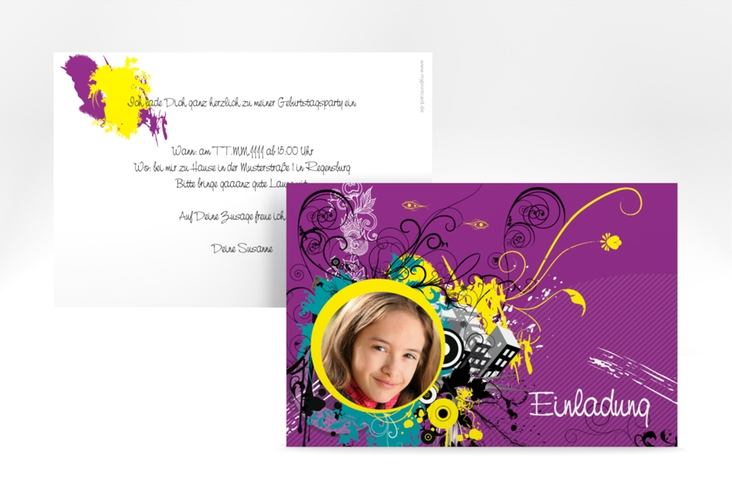 Einladungskarte Kindergeburtstag Daniel/Daniela A6 Karte quer lila hochglanz