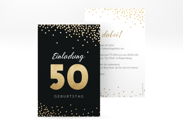 Einladung 50. Geburtstag Glitzer A6 Karte hoch gold hochglanz