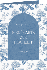 Menükarte Hochzeit Blue Floral A5 Klappkarte hoch blau mit blauem Blumenmuster auf weißem Grund